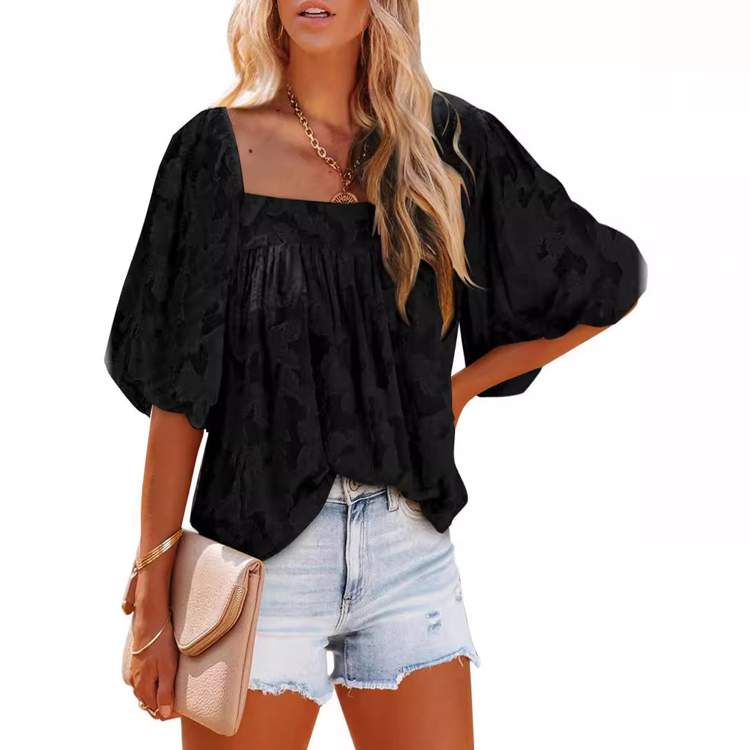 Women's Oversized Blouse Shirt with Balloon Sleeves and Subtle Pattern Ivyshape