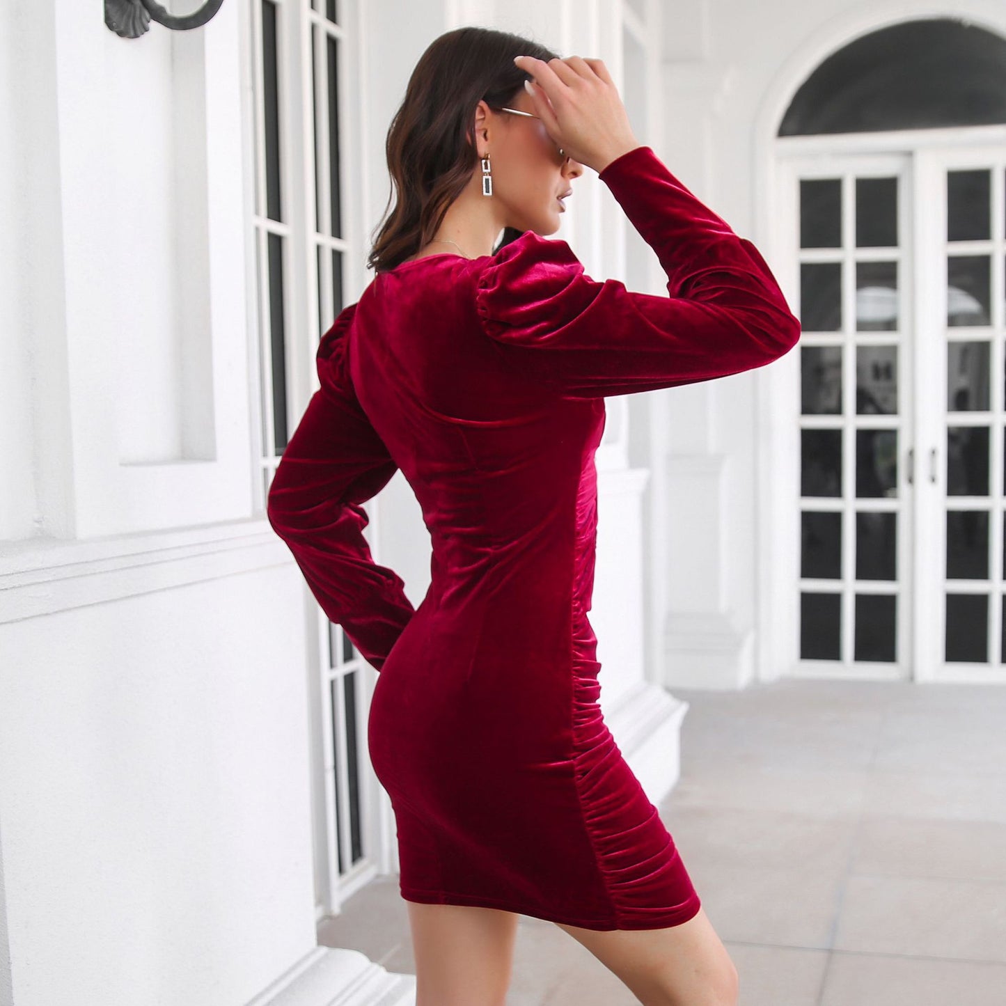 Ladies fitted wrap dress with puff sleeves and intricate neckline Ivyshape