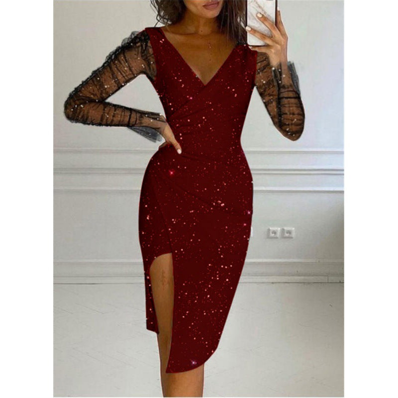 Women Celestial Print Bodycon Midi Dress with Sheer Sleeves Ivyshape