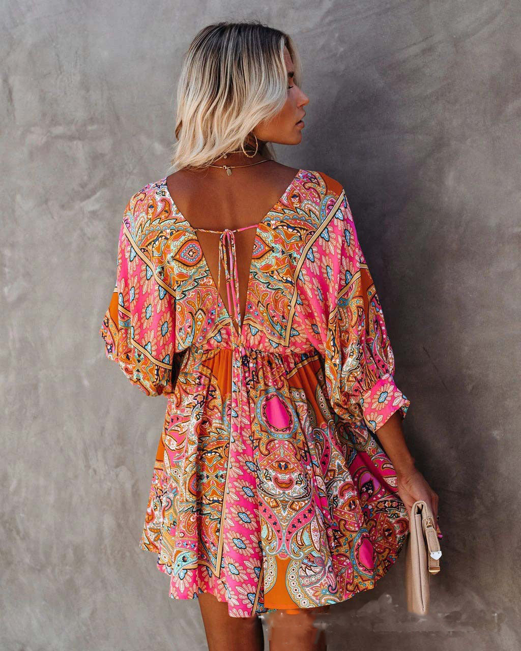 V-neck waist printed bohemian dress