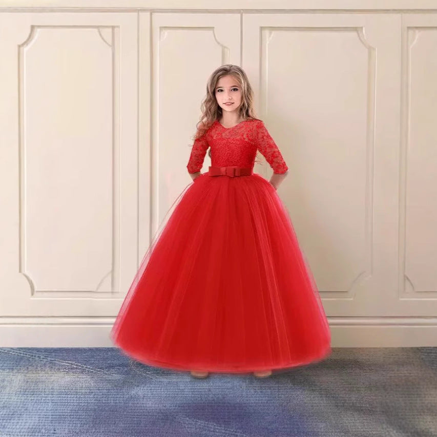 Girls' Festive Tulle Dress with Lace Bodice and Waist Belt Ivyshape