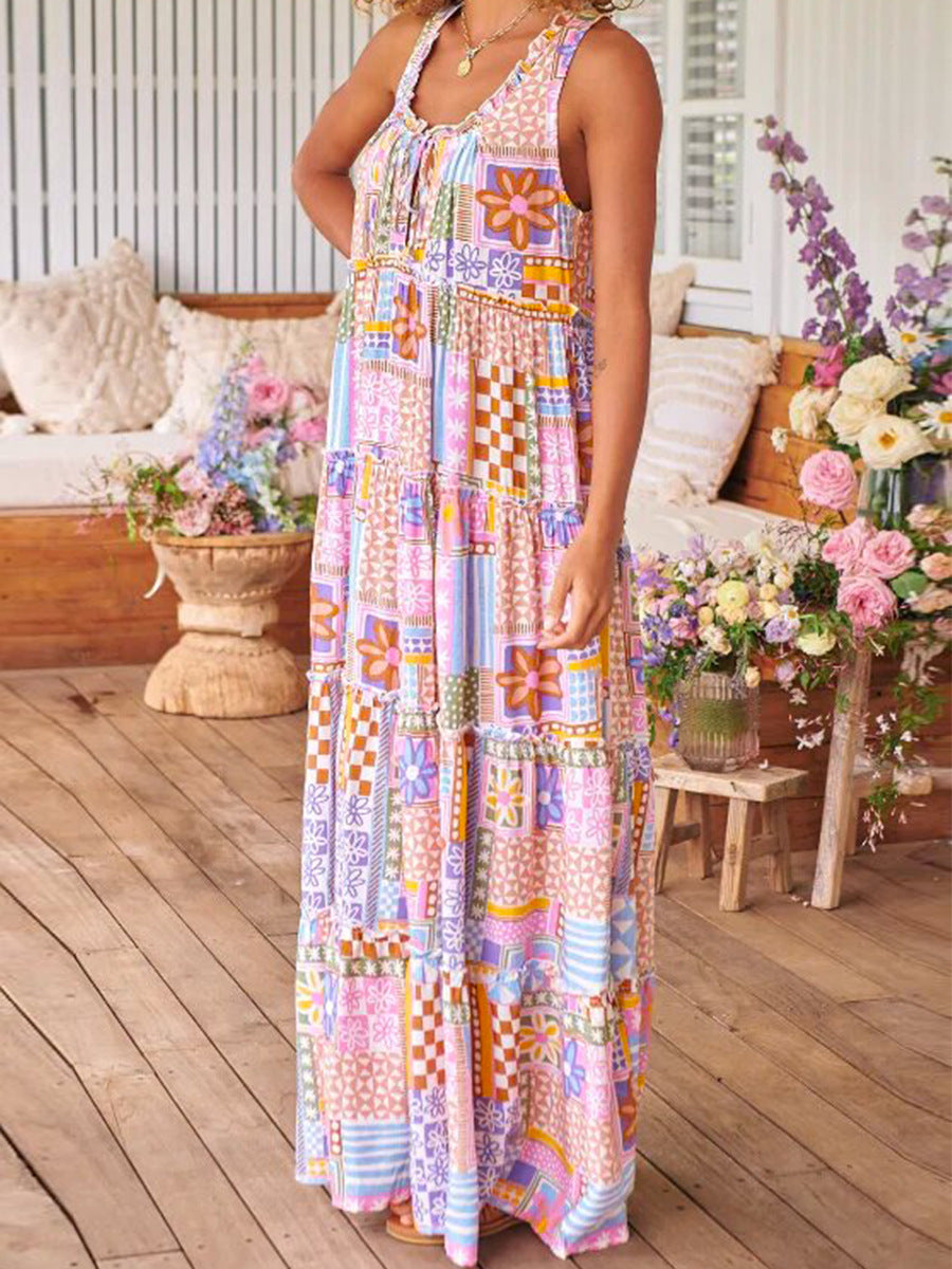 IvyShape | Spring Summer Printed Round Neck Long Dress