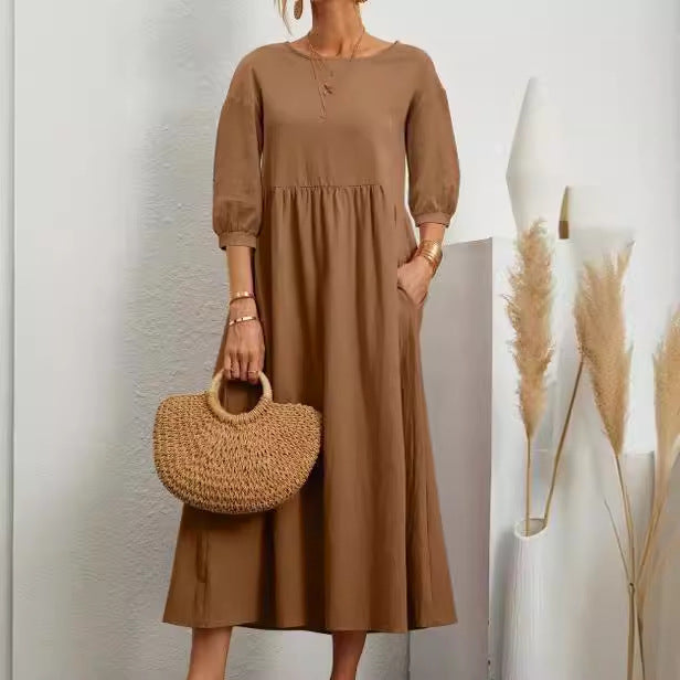 Women’s Cotton Midi Dress with Balloon Sleeves and Pockets Ivyshape