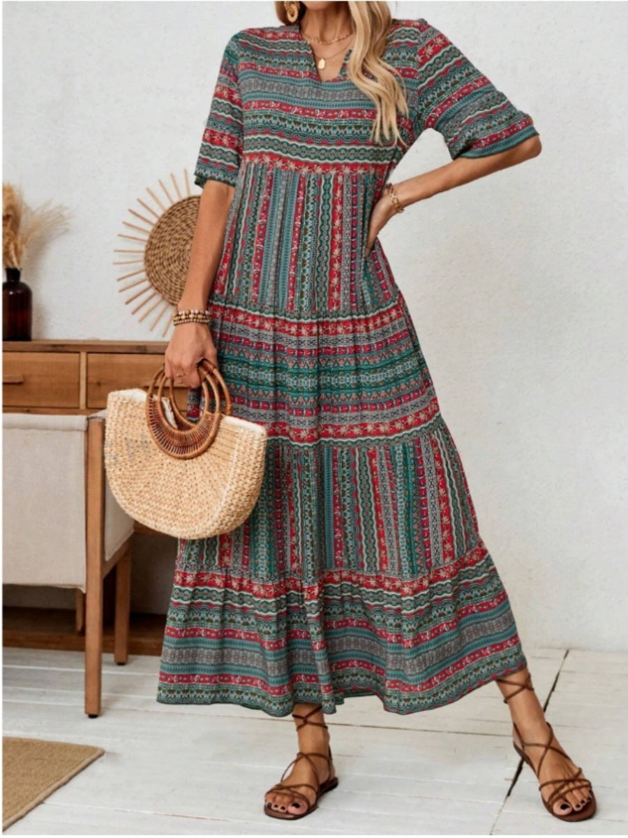 IvyShape | Printed Maxi Bohemian V-Neck Casual Dress