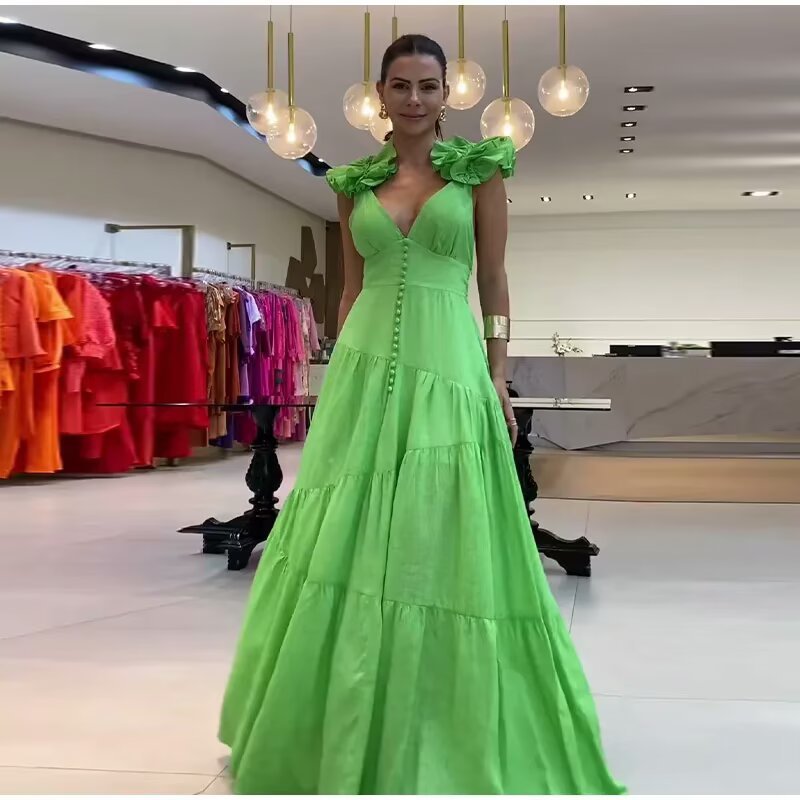 Women's maxi dress with a flowing ruffle design and elegant V-neck Ivyshape