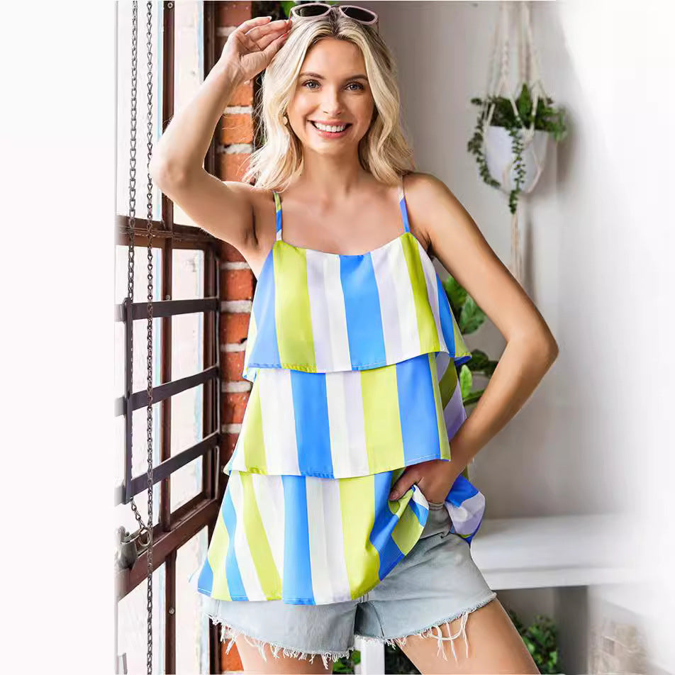 Women airy striped top with layered design Ivyshape