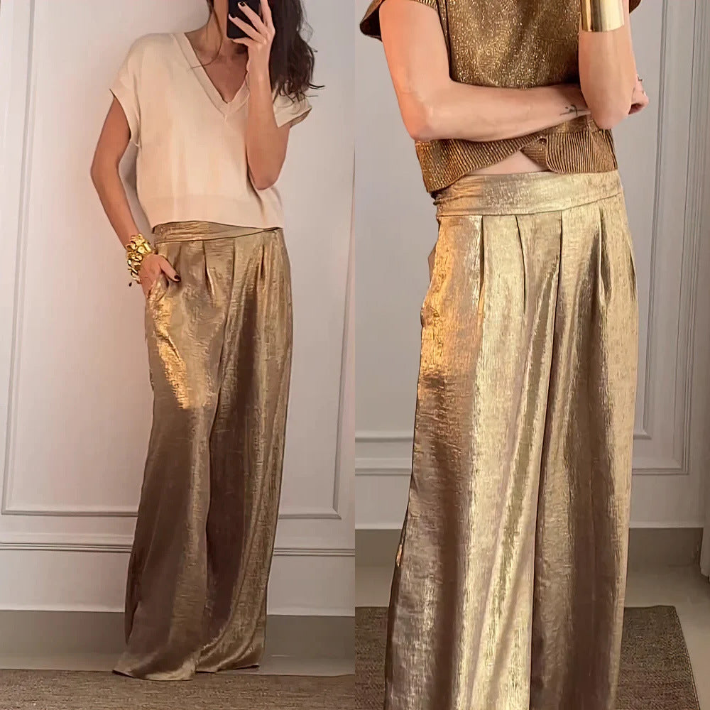 IvyShape | Metallic High Waist Slimming Wide Leg Pants