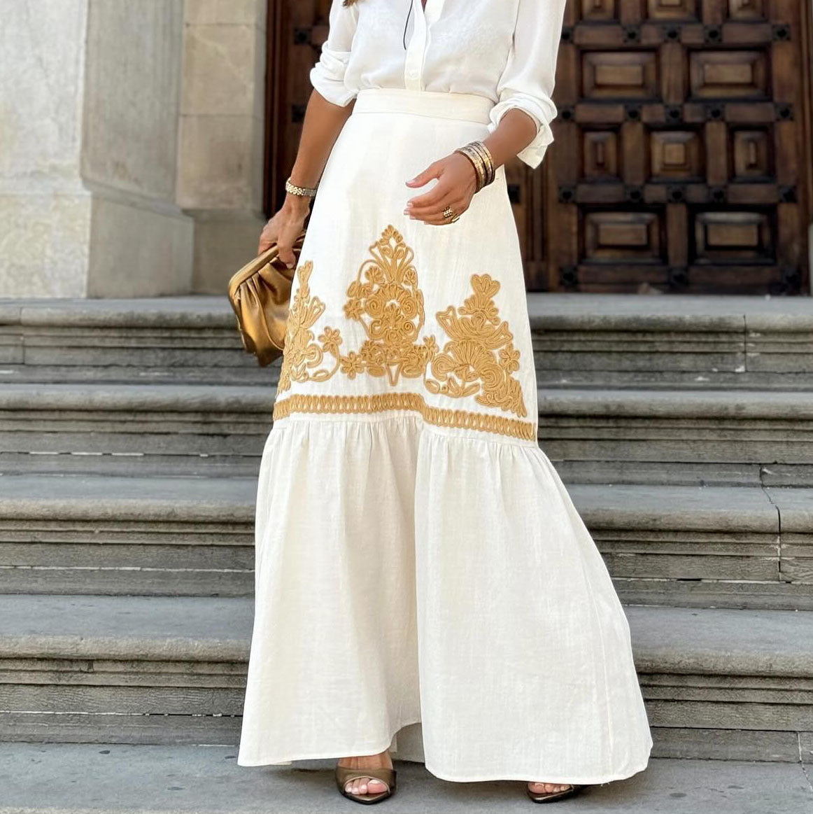 Women Embroidered High-Waisted Maxi Skirt Ivyshape
