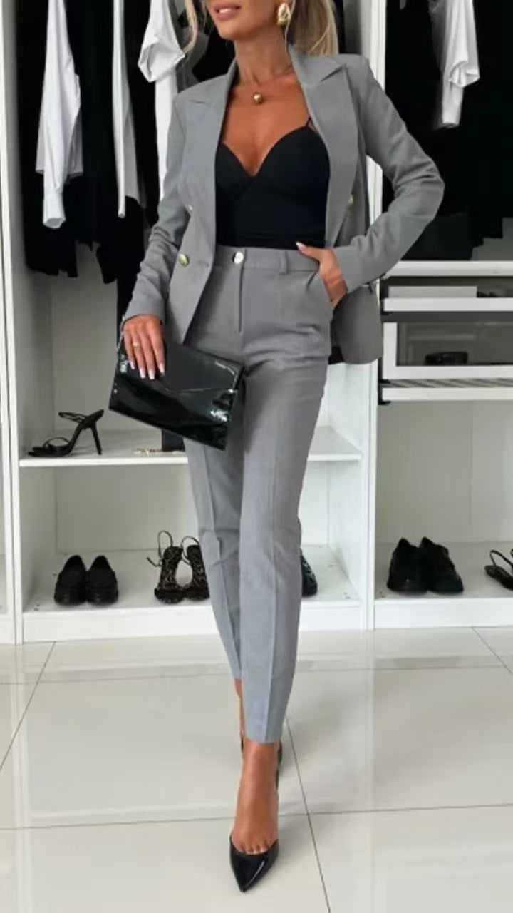 Women's Elegant Blazer Set with Tailored Pants and Double Button Placket Ivyshape