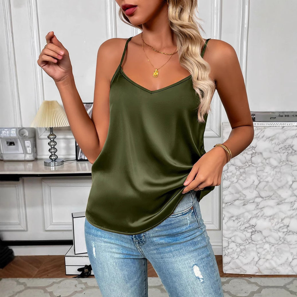 Women Silky Satin V-Neck Cami Top Ivyshape