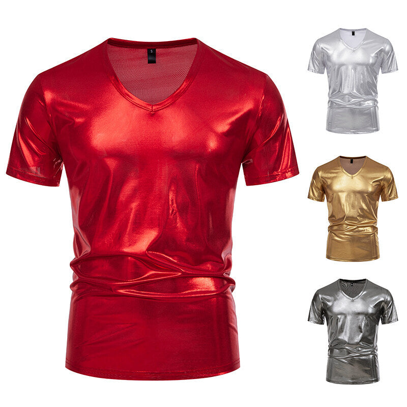 Men's V-neck T-shirt made of shiny material with personal style Ivyshape