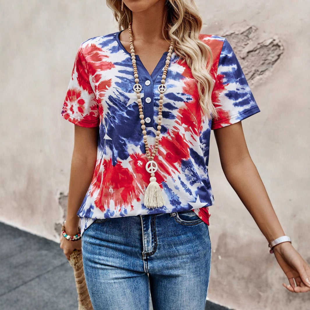 Women’s Short Sleeve T-Shirt with Buttoned Neckline and Playful Tie-Dye Design Ivyshape
