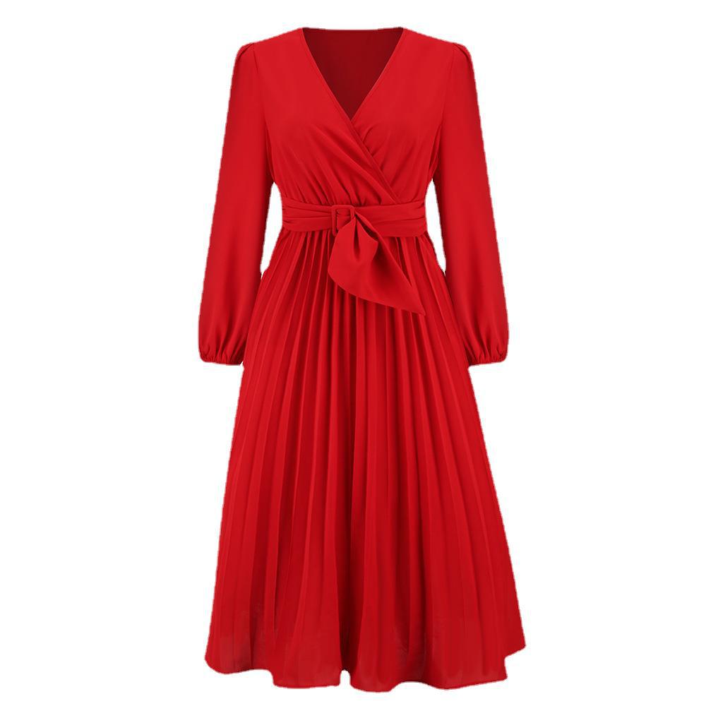 Women Elegant Wrap Dress with Pleats and Belt Detail Ivyshape