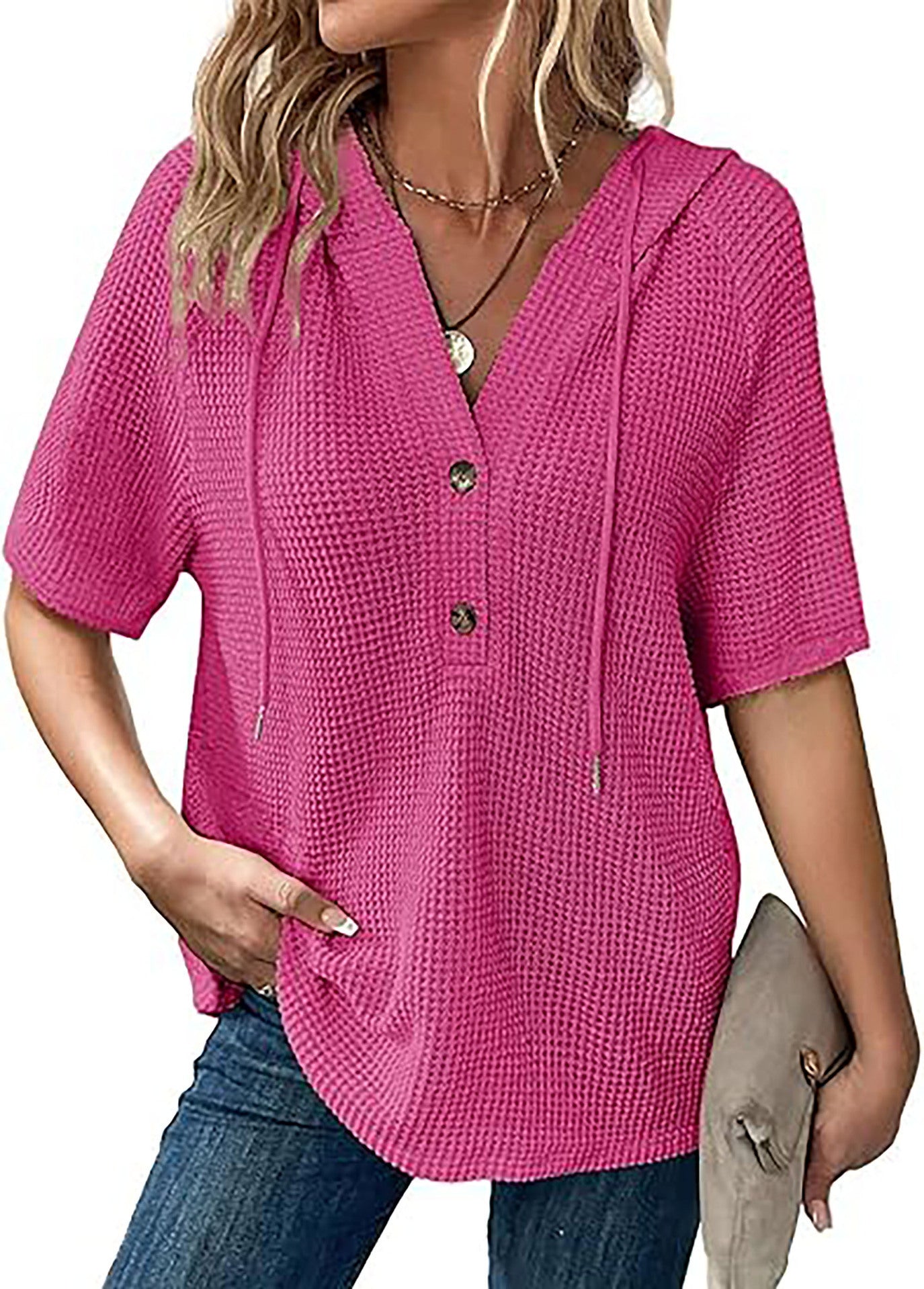 Ladies fashionable hoodie top with button placket and casual fit Ivyshape