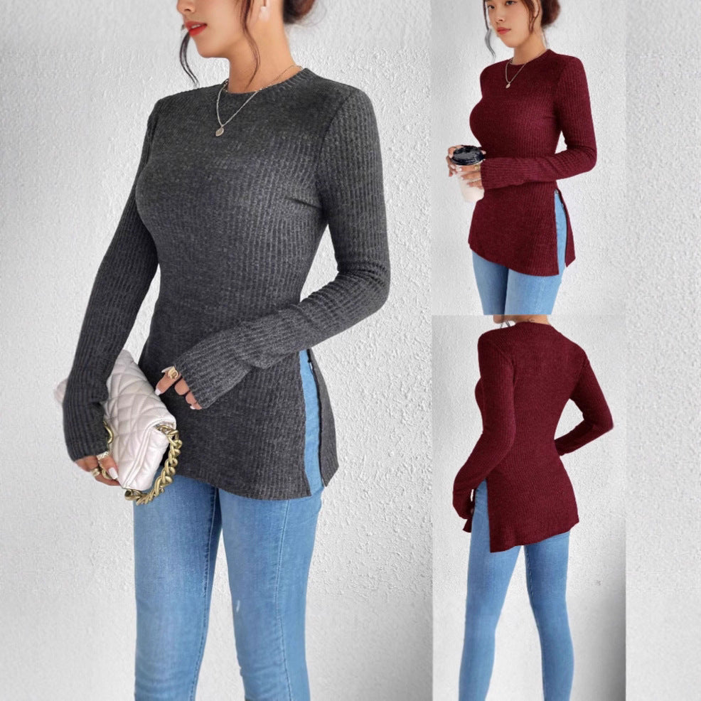 Women Long Sleeve Rib Knit Top Ivyshape