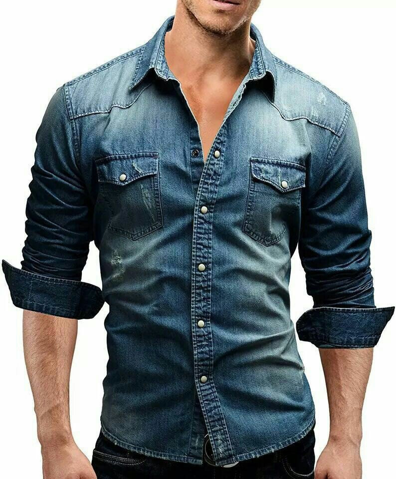 Men's denim shirt with stylish flap pockets and fashionable slim fit Ivyshape