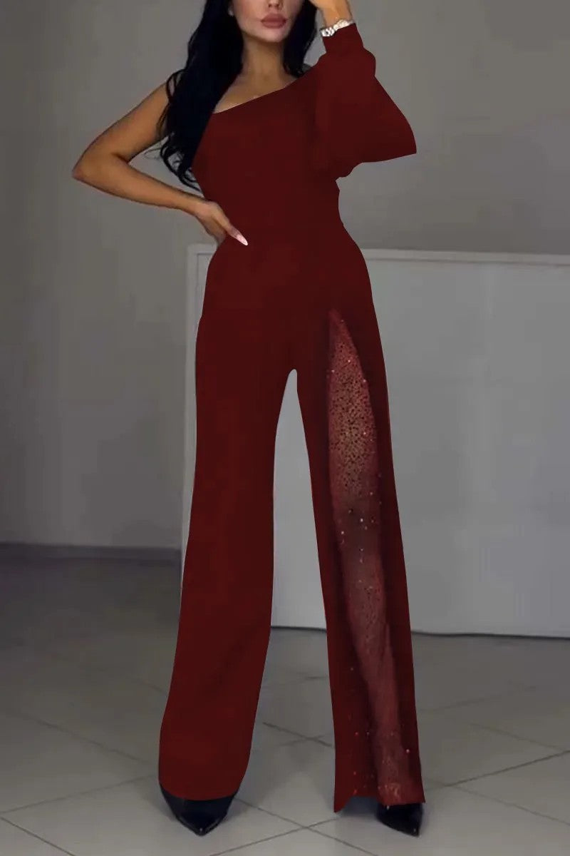 Ladies Elegant Jumpsuit with Transparent Inserts and Sequins Ivyshape