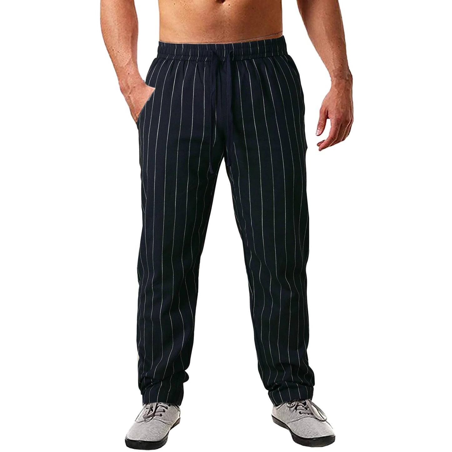 Men's casual striped pants made of cotton blend with elastic waistband and practical side pockets Ivyshape