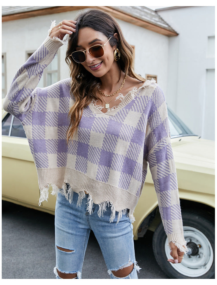 IvyShape | V-neck fringe sweater