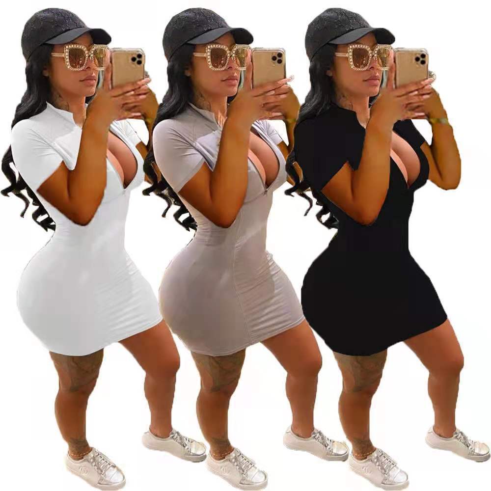 IvyShape | Sexy Zipper Bodycon Nightclub Short Sleeves Dress