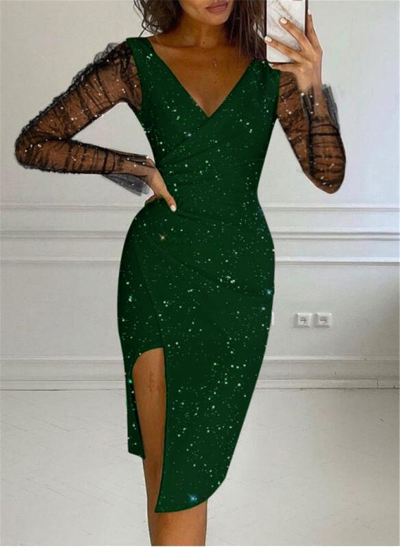 Women Elegant V Neck Bodycon Dress with Sheer Long Sleeves Ivyshape