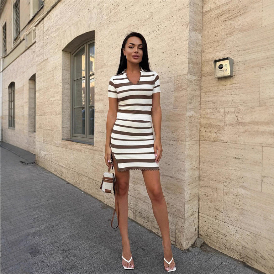Women’s fashionable striped dress with short sleeves and playful neckline Ivyshape