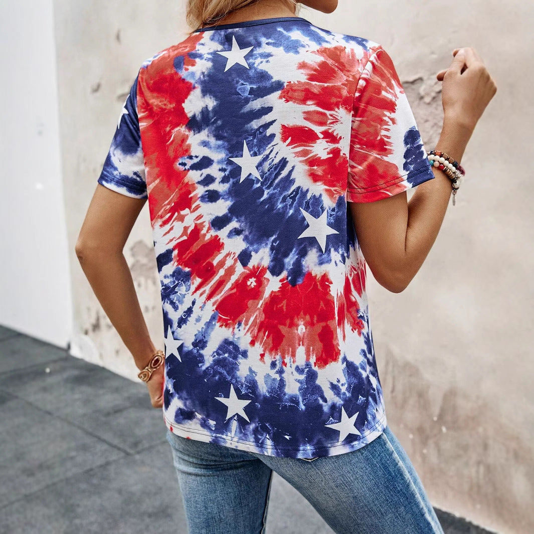 Women’s Short Sleeve T-Shirt with Buttoned Neckline and Playful Tie-Dye Design Ivyshape