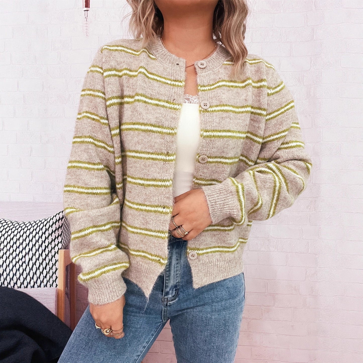 Women's Long-Sleeve Knitted Cardigan with Fashionable Stripe Pattern Ivyshape