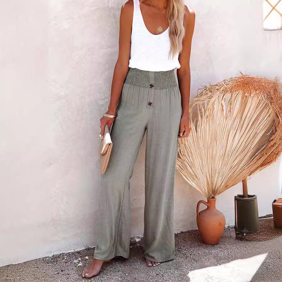 IvyShape | Solid Color Cotton Linen Elastic Loose Wide Leg Long Pants