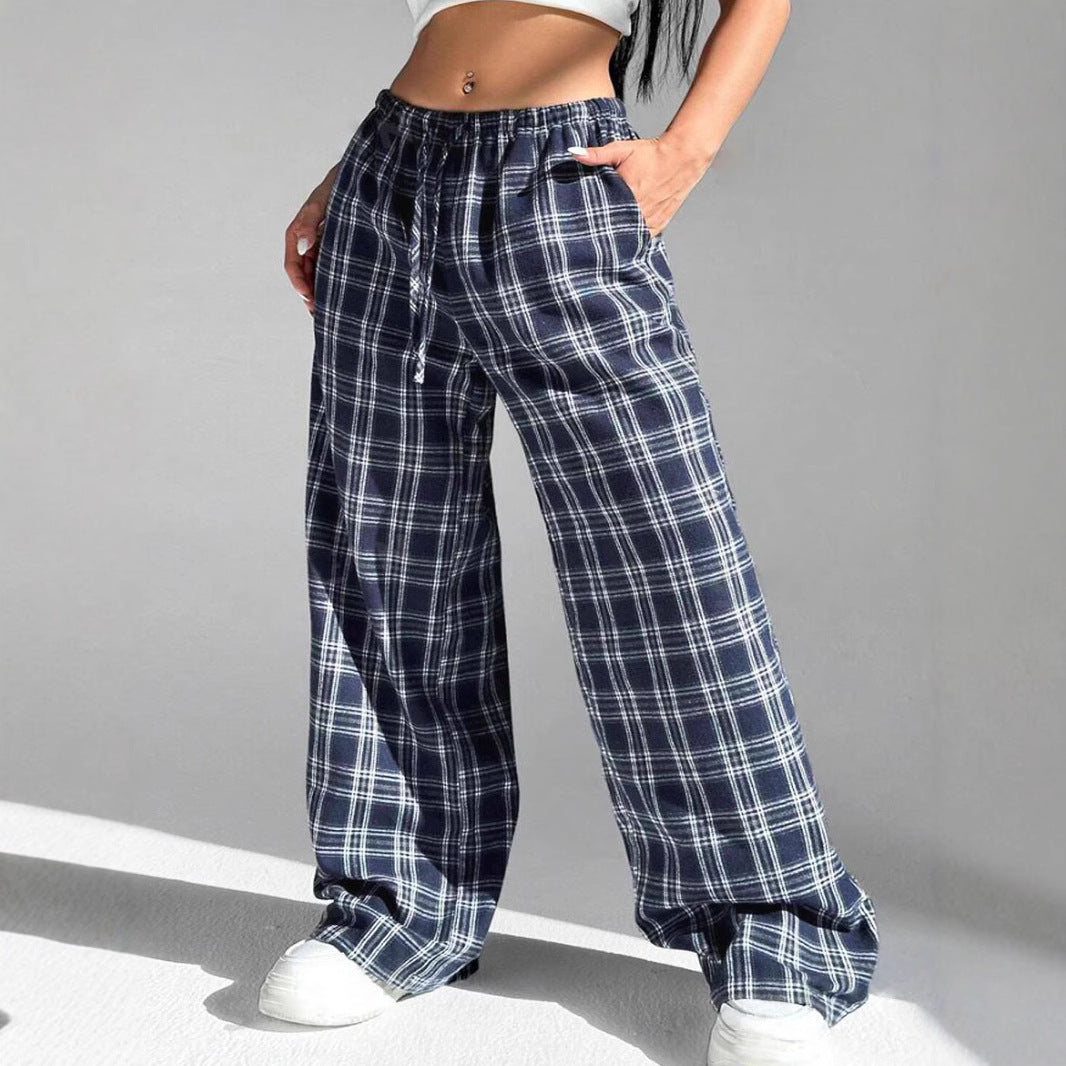 Women's wide checked trousers with elastic waistband and side pockets Ivyshape