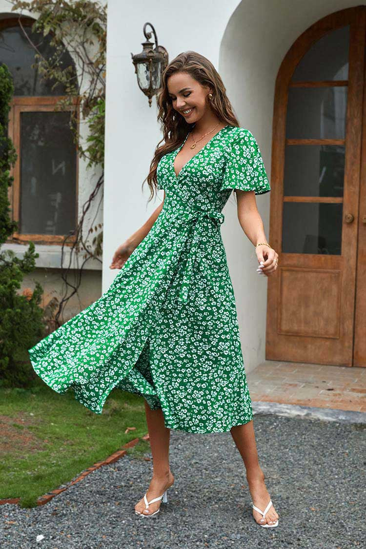 IvyShape | Green Printed Tie Short Sleeve Cardigan Dress