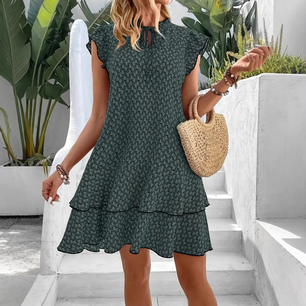 Women's Lightweight Boho Dress with Ruffle Details and High Neck Collar Ivyshape