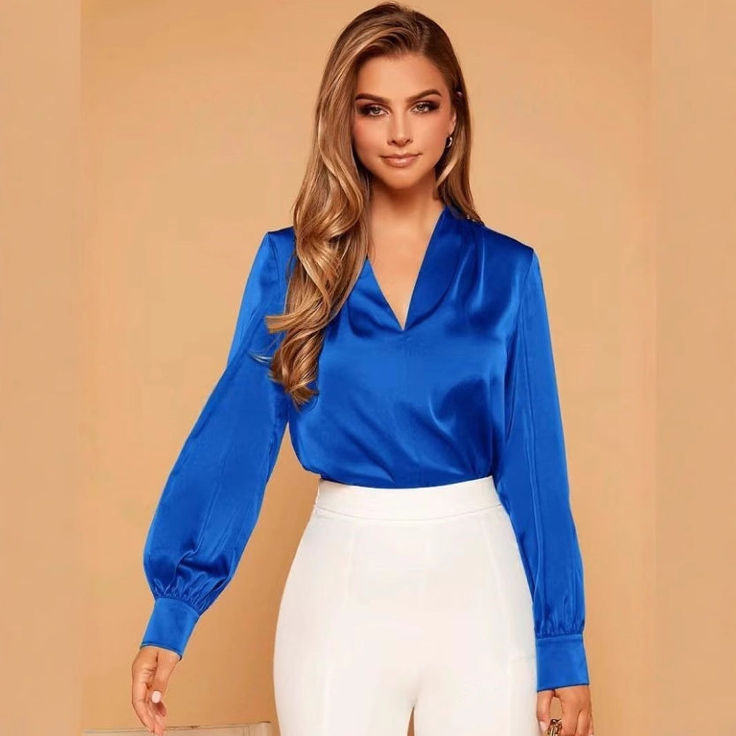 IvyShape | V-Neck Long Sleeve Satin Blouse