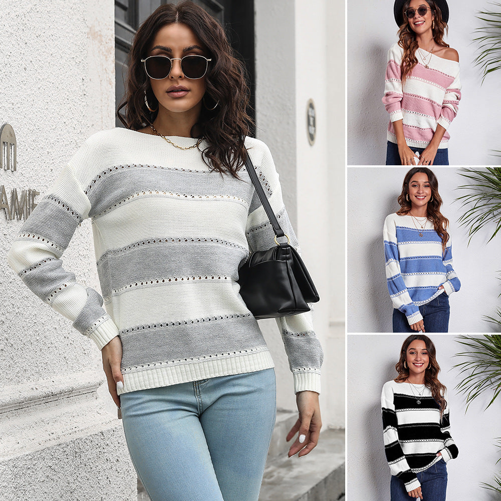 Women's casual sweater with modern lace pattern and stripe design Ivyshape