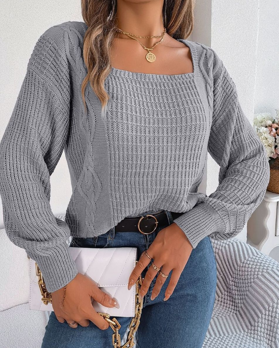 IvyShape | Unique Square Neck Twisted Knit Pullover Top for Women