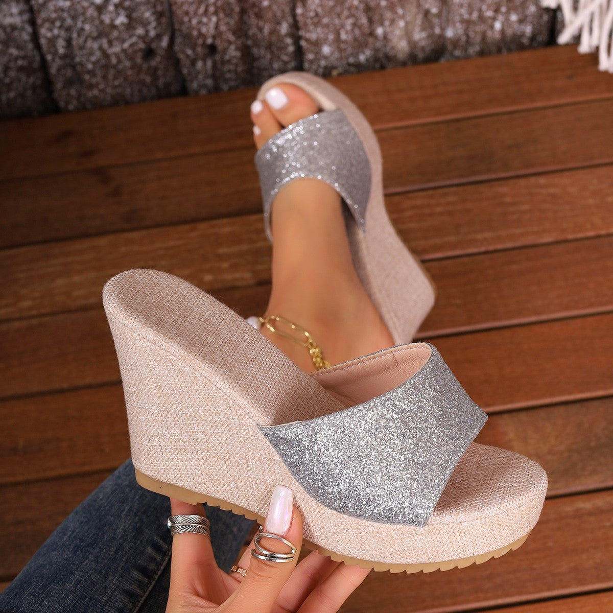 Ladies Wedge Slides with Glitter and Non-Slip Sole Ivyshape