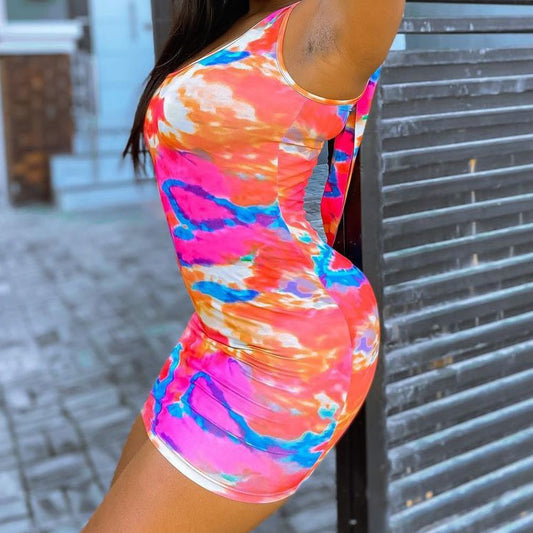 Figure-hugging ladies mini dress with asymmetrical design and colorful pattern Ivyshape