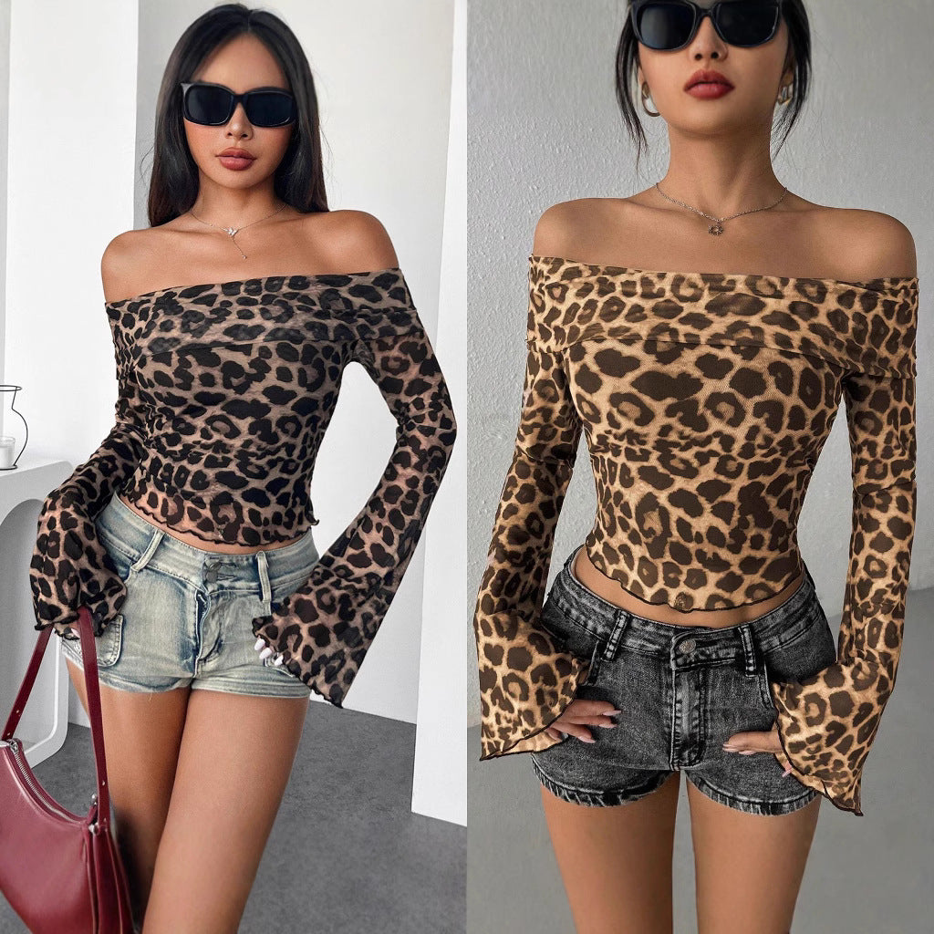 IvyShape | One-Shoulder Long Sleeve Leopard Print Mesh T-Shirt