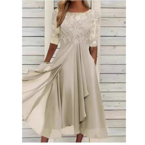 Women Elegant Midi Dress with Lace Sleeves and Swing Skirt Ivyshape