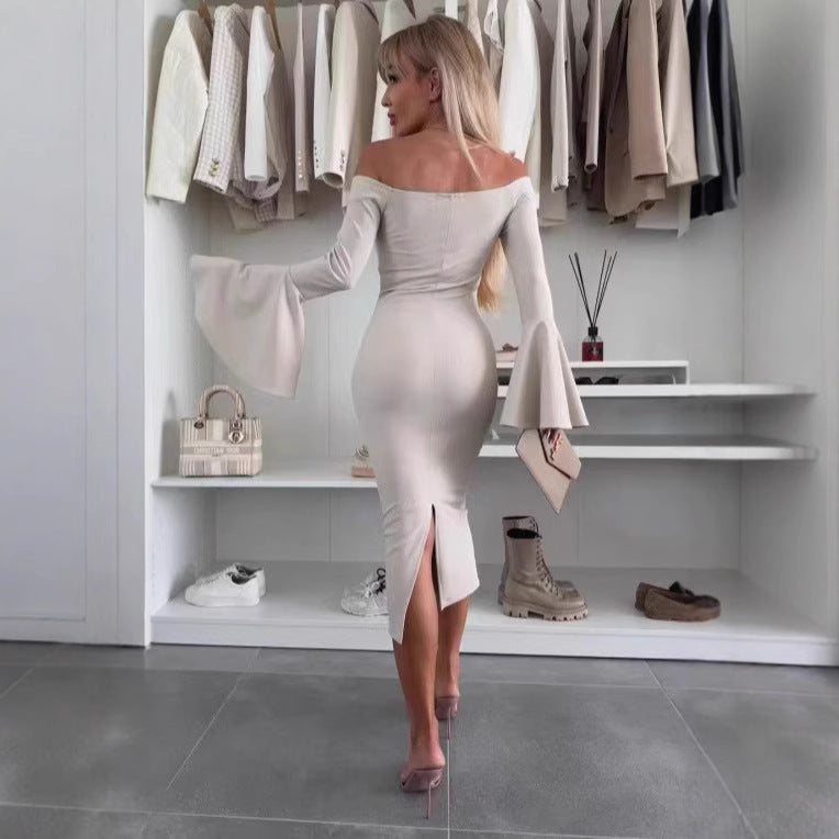Ladies Elegant Long Sleeve Dress with Wide Sleeves and Slit Ivyshape