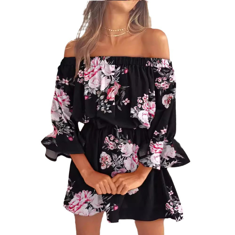 Ladies Summer Off-Shoulder Dress with Floral Pattern Ivyshape