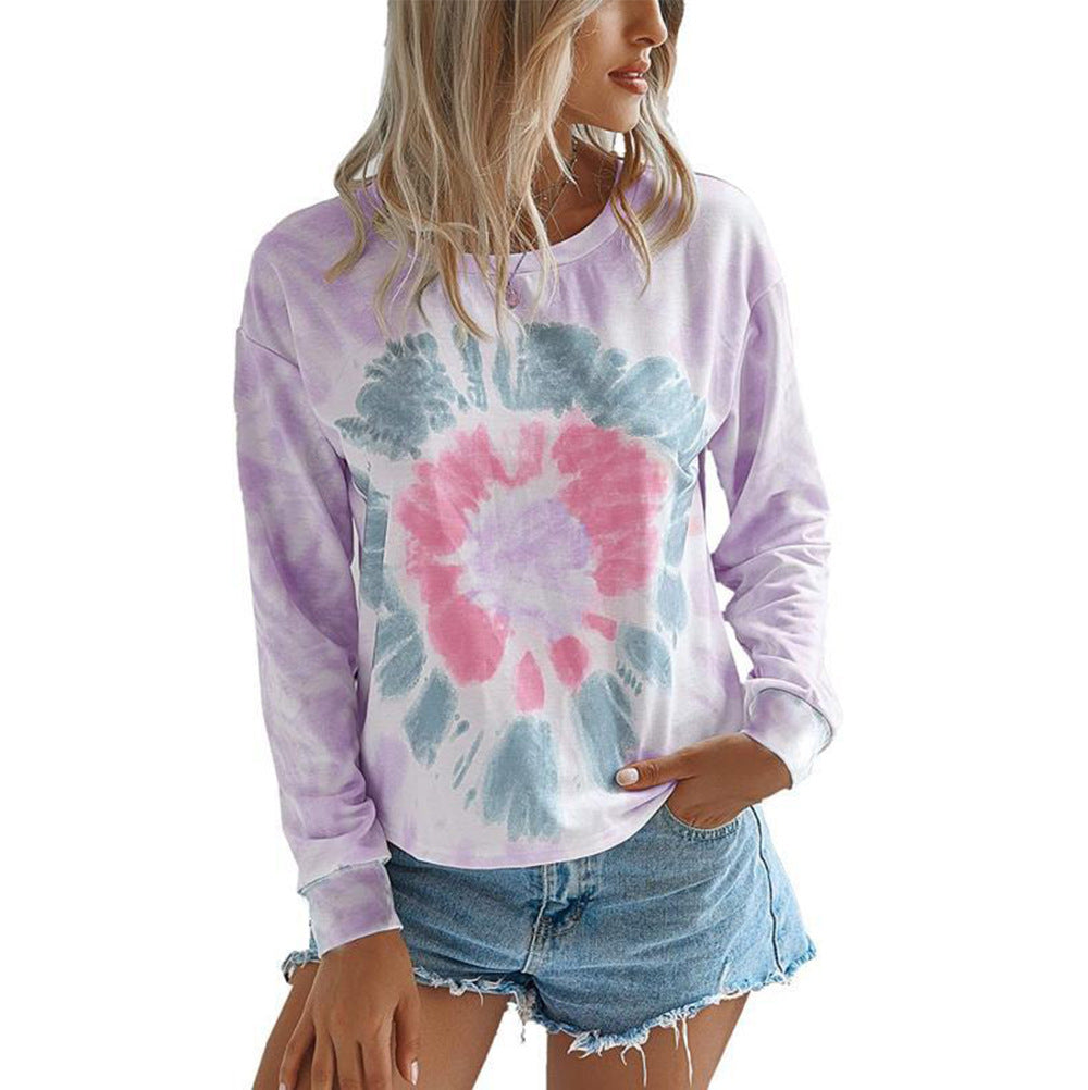 Ladies Casual Long Sleeve T-Shirt with Modern Tie-Dye Design Ivyshape