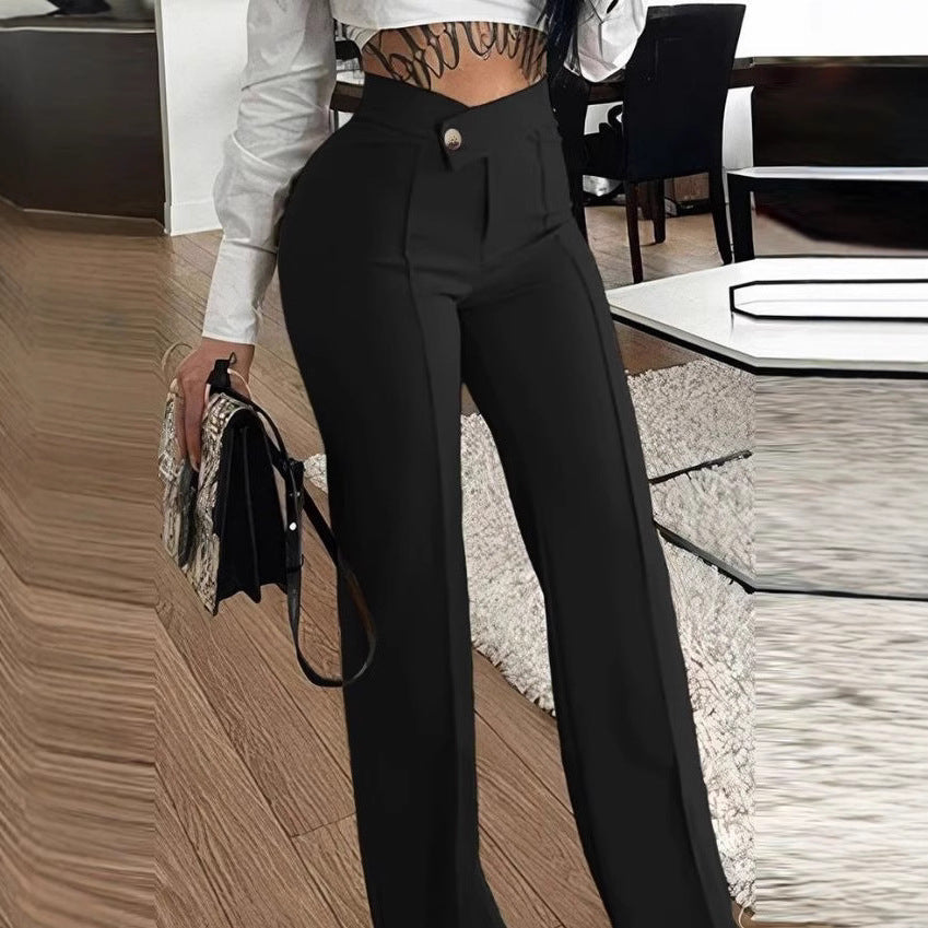 Women Elegant Wide Trousers with High-Waist Cut and Decorative Button Ivyshape