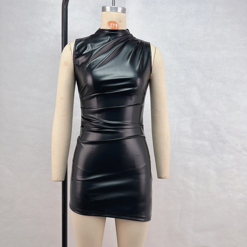 IvyShape | Waist-Tied Bodycon Irregular PU Leather Skirt Dress