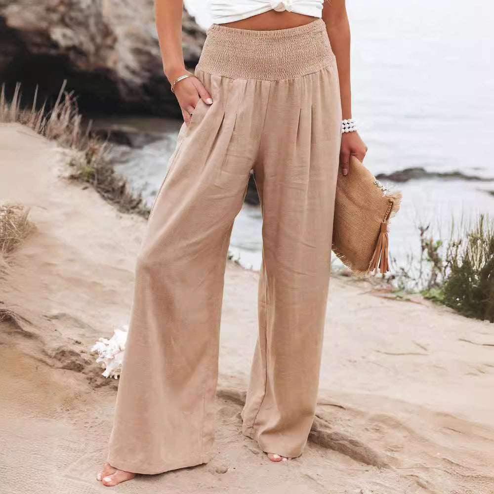 Women wide linen pants with elastic waistband and pleats Ivyshape