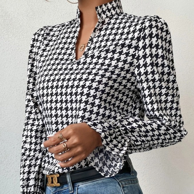 Ivyshape | V-Neck Long Sleeve Top In Houndstooth Pattern