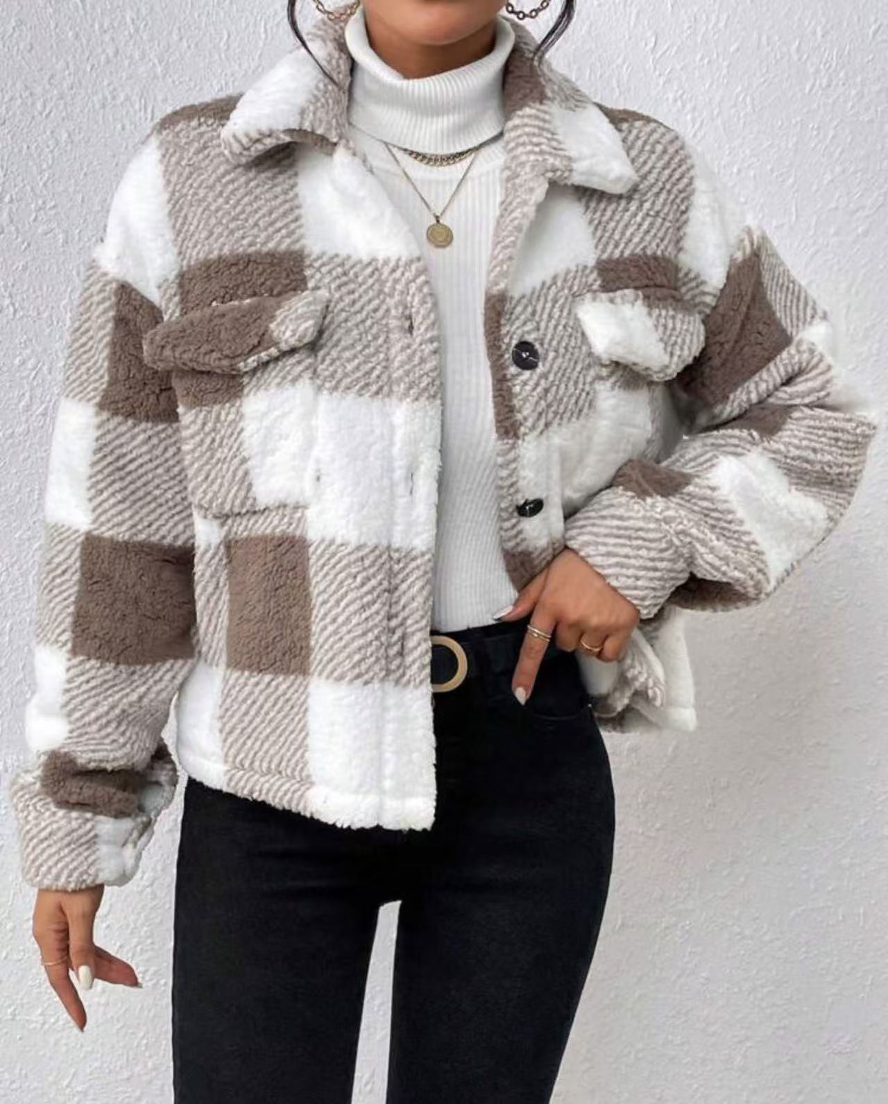 Women's Cosy Check Jacket with Fold-Down Collar Ivyshape
