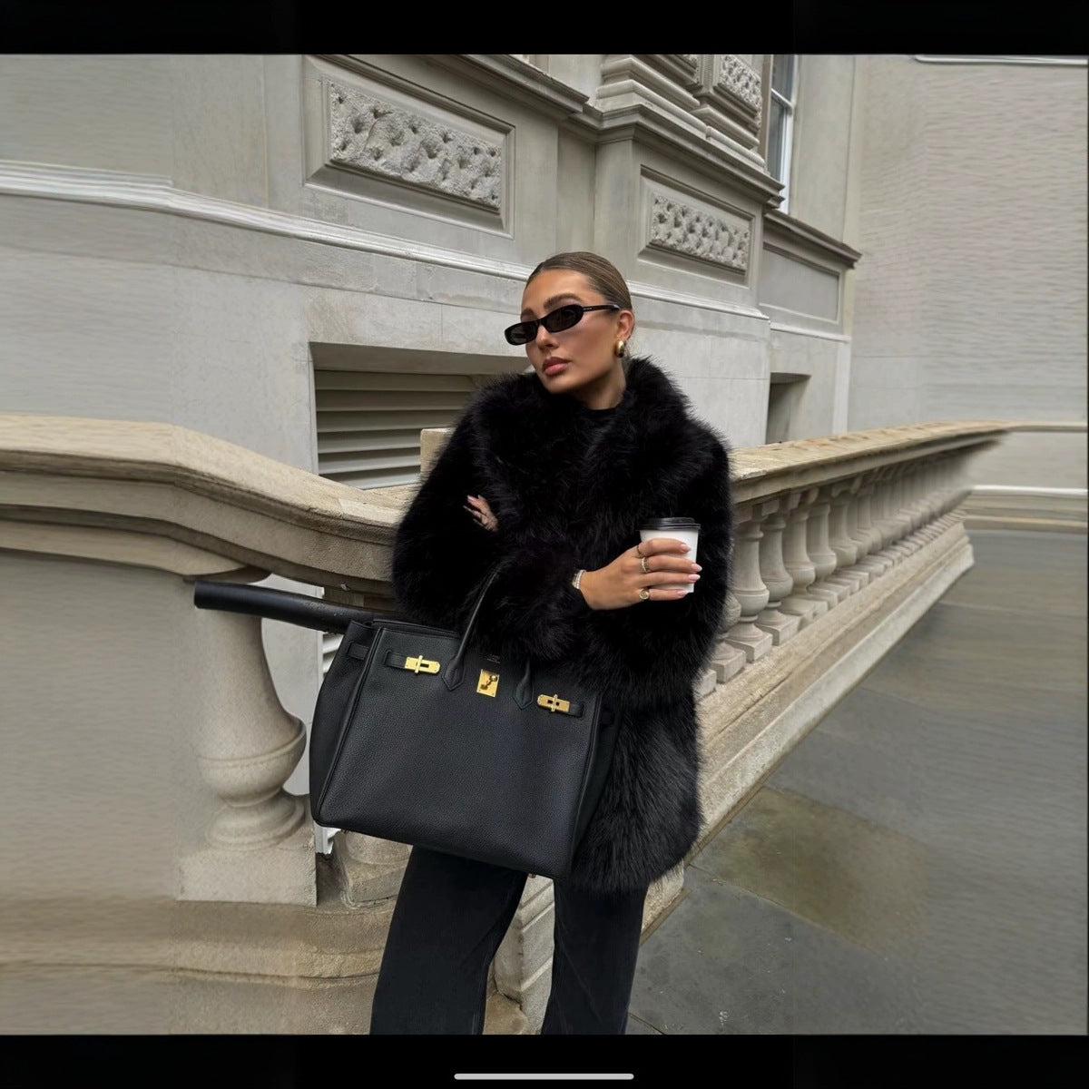 Women's Elegant Oversized Faux Fur Coat with Wide Cut Sleeves Ivyshape