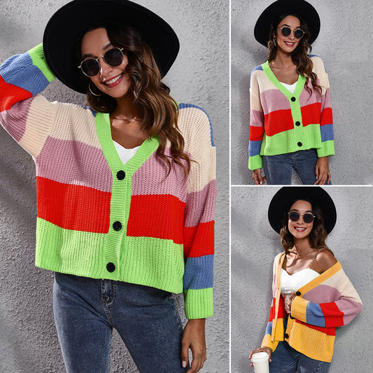 Ladies fashionable cardigan with colorful striped pattern and button details Ivyshape