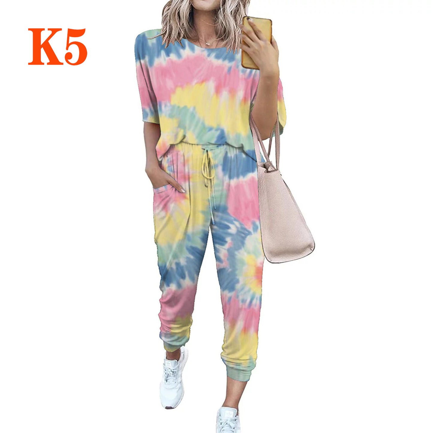 Women's casual jumpsuit with trendy tie-dye design and practical pockets Ivyshape